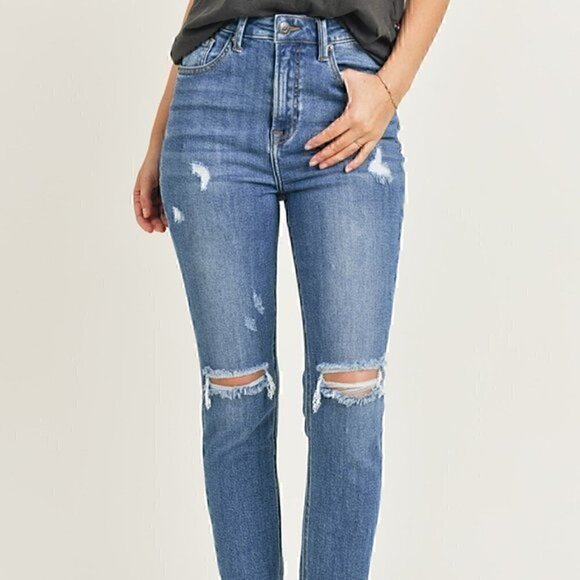 High Rise Medium Wash Relaxed Fit Distressed Skinny Jean - Picture 2 of 9
